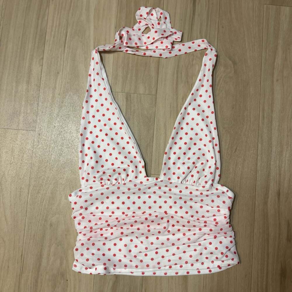 Shein Polka Dot Halter Crop Top Size M White Red